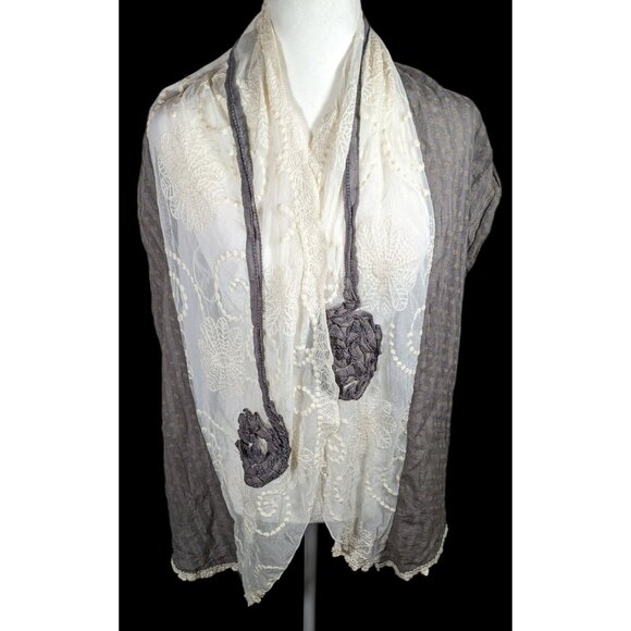 Vintage Floral Embroidered Lace Grey And White Scarf - Picture 1 of 6
